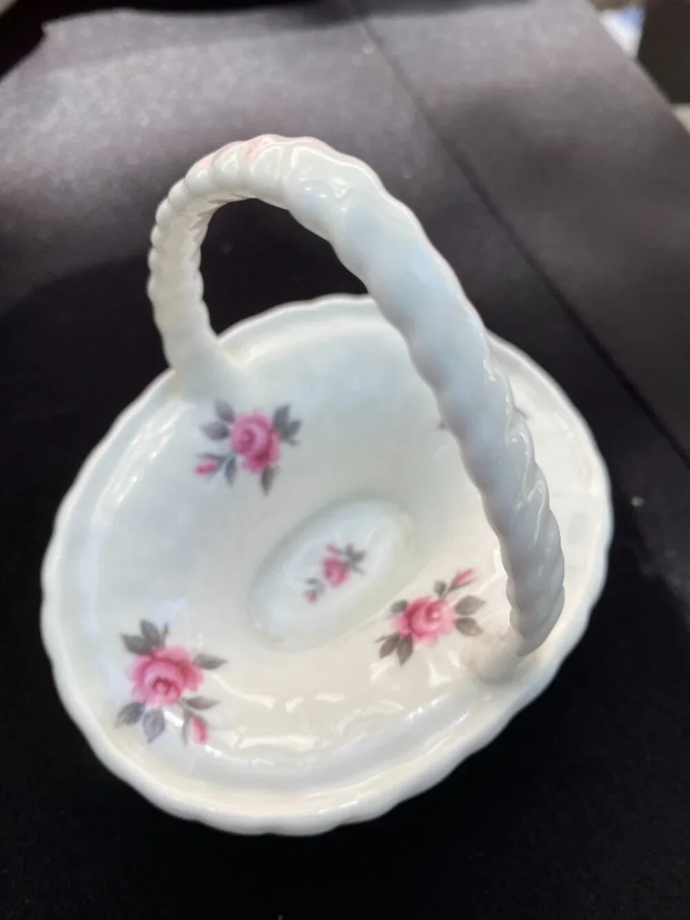 Vintage Gainsborough Bone China Basket Dish Pink Roses Twisted Handle H976 Made